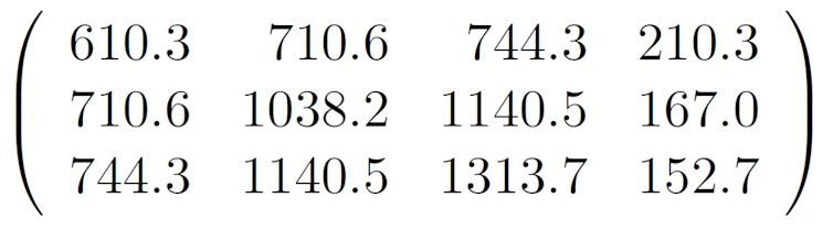 una matriz de números en tres filas y cuatro columnas