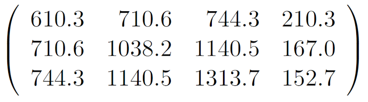 a matrix of numbers in three rows and four columns