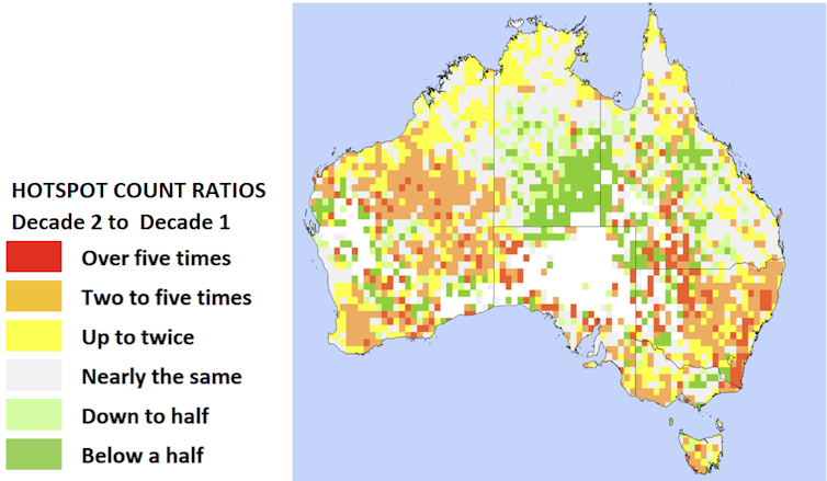 Map of hotspot count ratios based on first and second decade of satellite data
