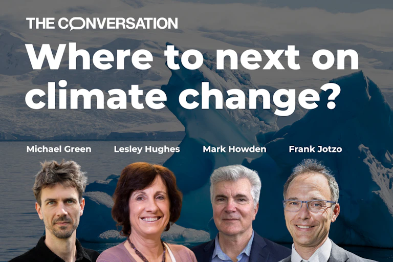 Graphic showing podcast contributors with the title 'Where to next on climate change?'