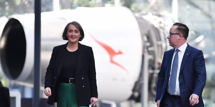 Incoming CEO Vanessa Hudson with Alan Joyce at the airline's headquarters in Sydney, August 20 2020.