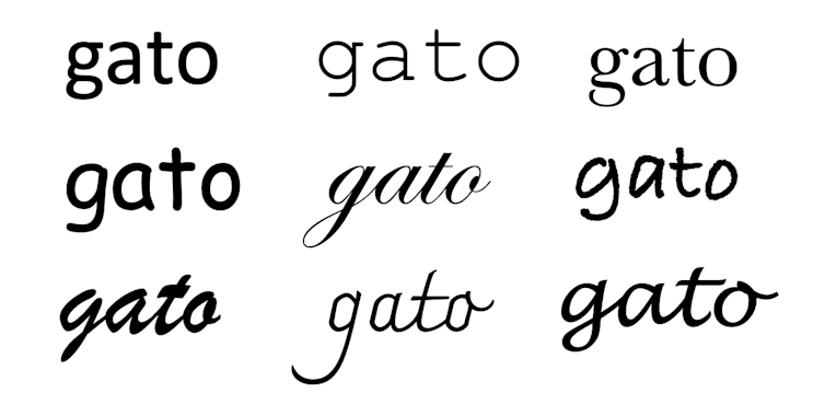 La palabra gato escrita con diferentes caligrafías y estilos.