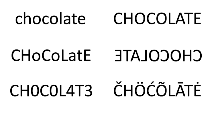 La palabra chocolate escrita con modificaciones en el código que se siguen entendiendo.
