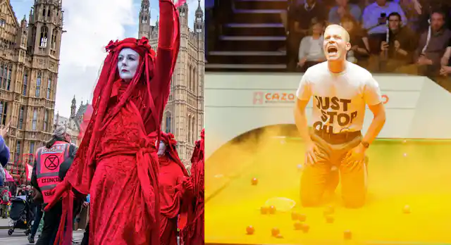 Protester in red in front of parliament (left), man on snooker table (right)