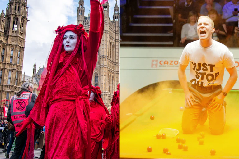 Protester in red in front of parliament (left), man on snooker table (right)