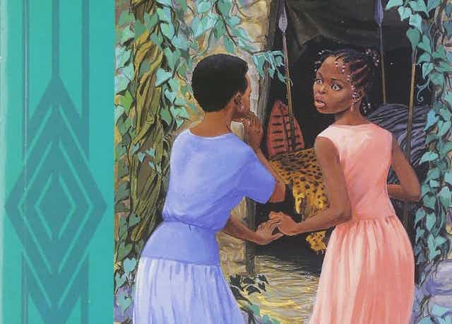 An illustration showing two young African girls at a doorway - inside is an animal skin and traditional weapons. The girls look at one another with alarm.
