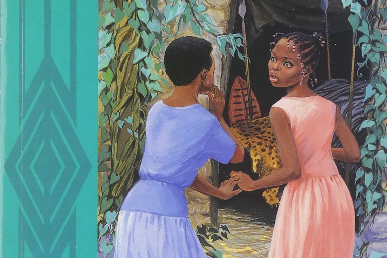 An illustration showing two young African girls at a doorway - inside is an animal skin and traditional weapons. The girls look at one another with alarm.
