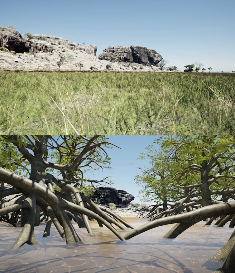 Two photos: the top one shows a flat plain with a rocky escarpment in the background, the bottom shows the same view but with the foreground filled with brackish water and mangrove trees.