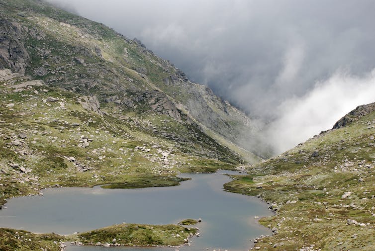 mountains, lake and mist