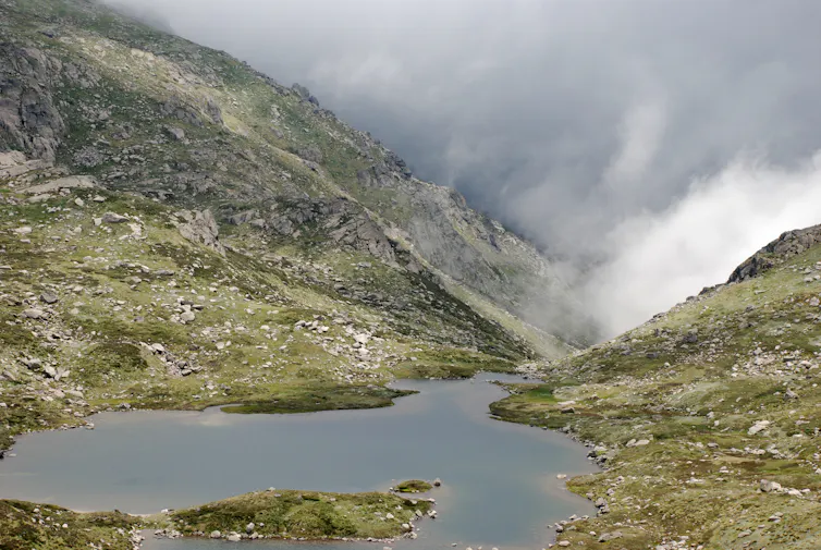 mountains, lake and mist