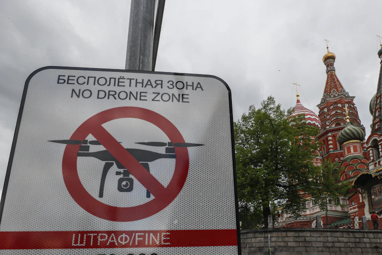 A sign banning the use of drones has been erected on Red Square.