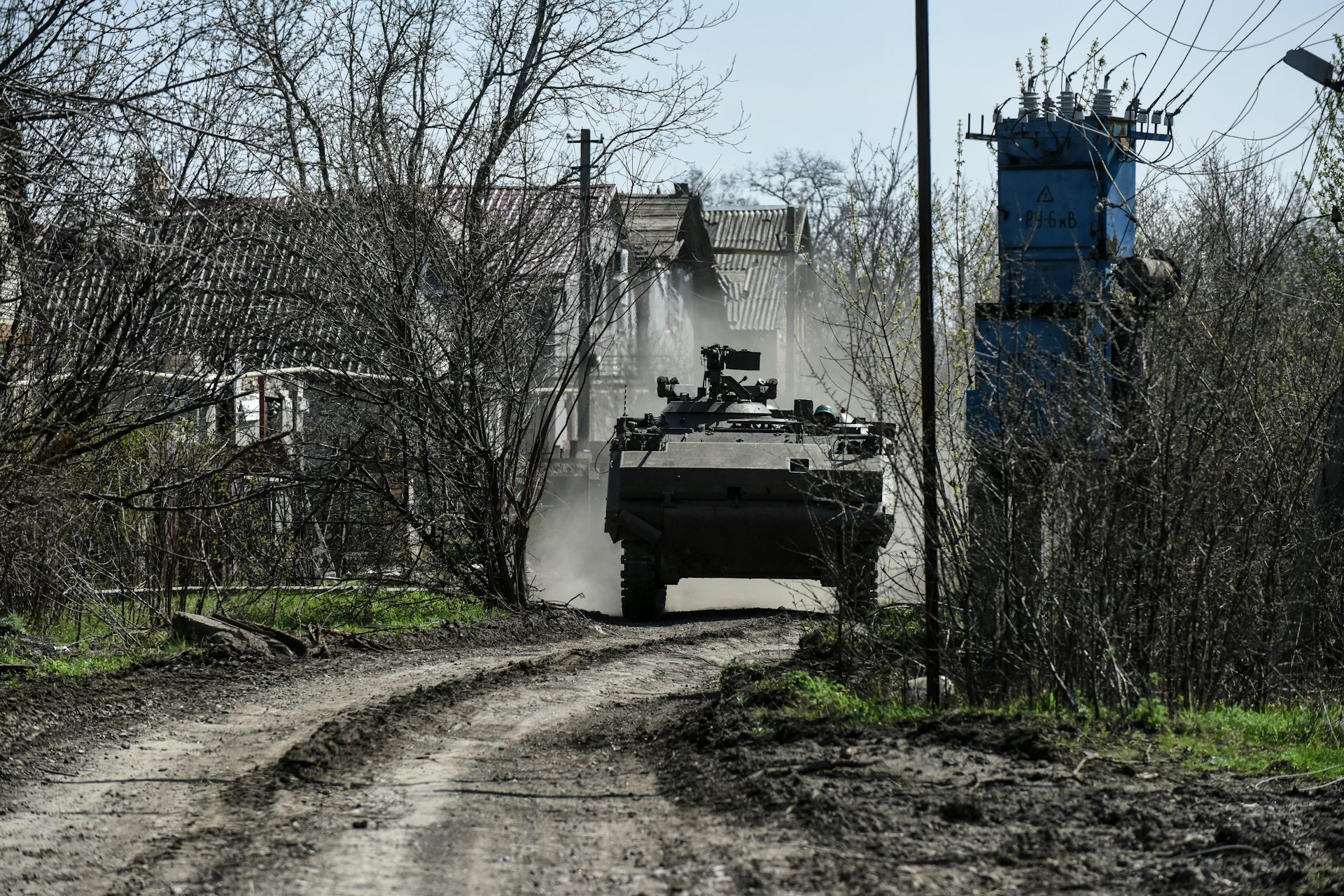 A Ukrainian forces' M113 APC drives through the countryside near Bakhmut in eastern Ukraine.