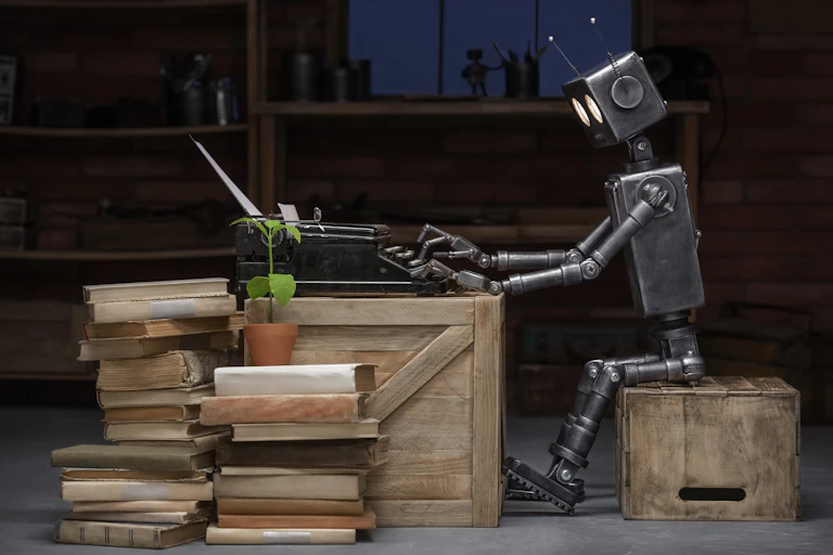 Un robot sentado sobre una caja de madera escribe en una máquina de escribir rodeado de libros.