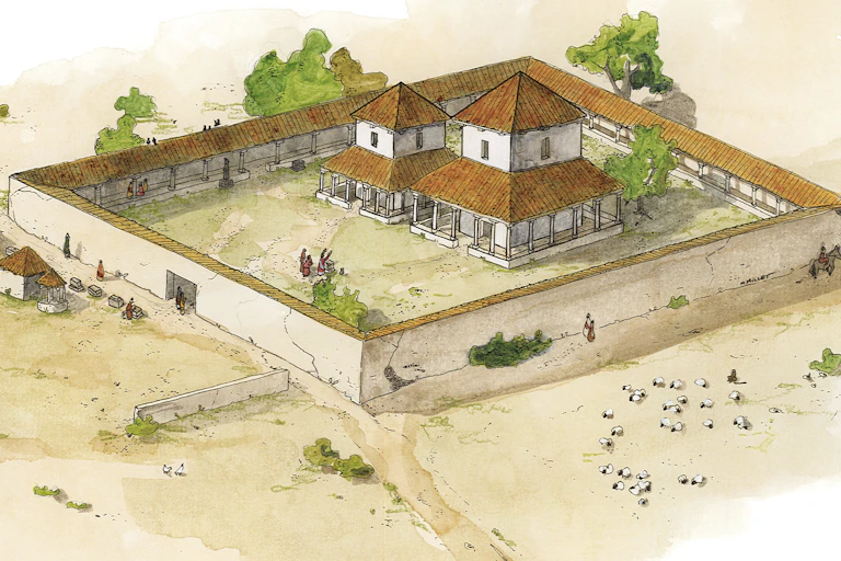 A drawing of the temple including sheep on the outside and worshippers heading into the main square.