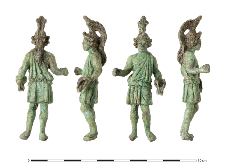 Photographs of a green bronze statue of the god Mars wearing a helmet, taken from different angles.