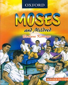 A children's book cover with an illustration showing a classroom of school pupils in uniform, alarmed and recoiling at the sight of a green snake emerging from the shirt of a boy.