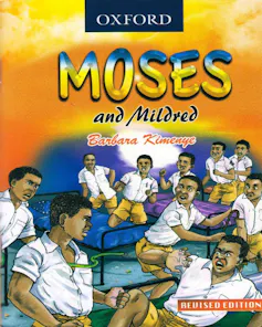 A children's book cover with an illustration showing a classroom of school pupils in uniform, alarmed and recoiling at the sight of a green snake emerging from the shirt of a boy.