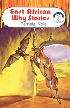 A children's book cover with an illustration of a buck leaping up at a bat in an African hut.