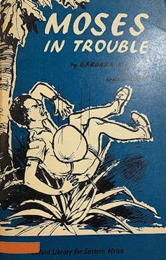 A children's book cover with an illustration of a boy falling to the ground as he's hit by a coconut from a tree.