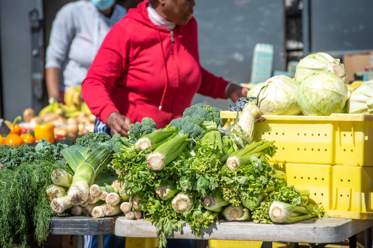 People shop at a farmers market.