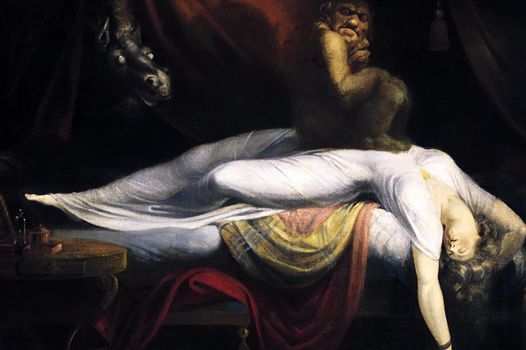 A woman lying asleep with a demon sitting on her chest and a horse's head poking through a curtain behind.