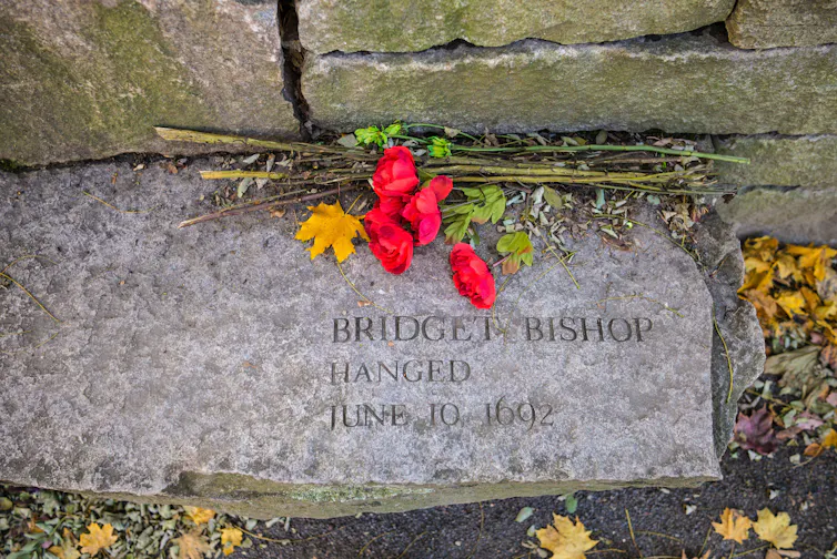 A gravestone bearing the inscription: Bridget Bishop Hanged June 10 1692.