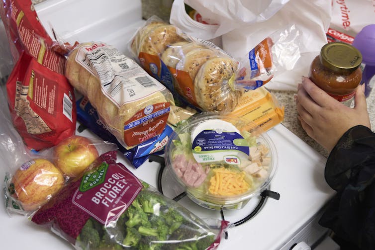 Groceries on a kitchen counter.