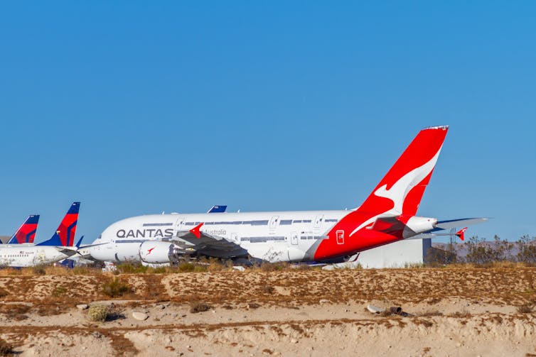 A Qantas plane parked at Southern California Logistics Airport in Victorville, California, in December 2022.