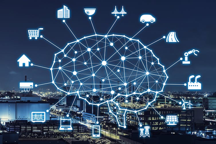 AI graphic linking brain illustration to various industries.