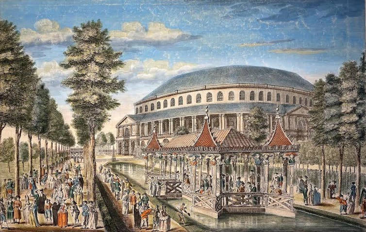 A painting of a masquerade party showing the crowd outside the venue.