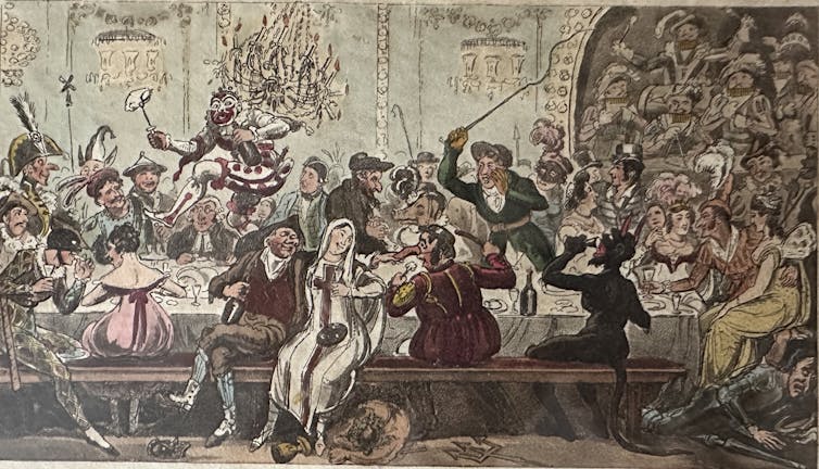 Illustration of masquerade guests cavorting at dinner.