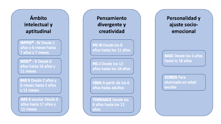 En el ámbito intelectual y aptitudinal, existen cuatro instrumentos: WPPSI, WISC, Bas II para escolares de infantil y BAS II para edades a partir de infantil; en el ámbito de la creatividad y el pensamiento divergente, está el Pic-N, el PIC-J, el CREA y TORRANCE; en el ámbito de la personalidad y ajuste emocional, el BASS y el SCRBBS.