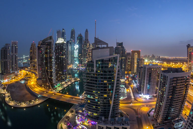 Image of the affluent residential neighbourhood of Dubai Marina in Dubai, United Arab Emirates.
