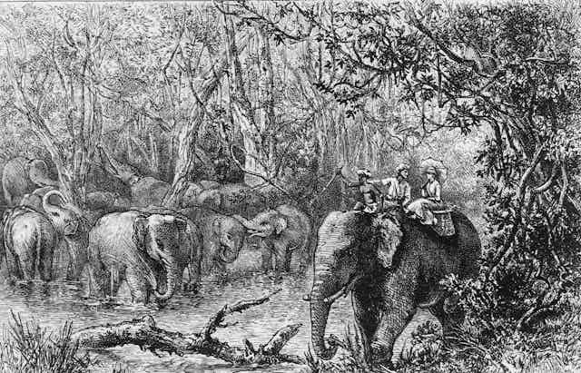 Illustration of a woman and a man on the back of an elephant.