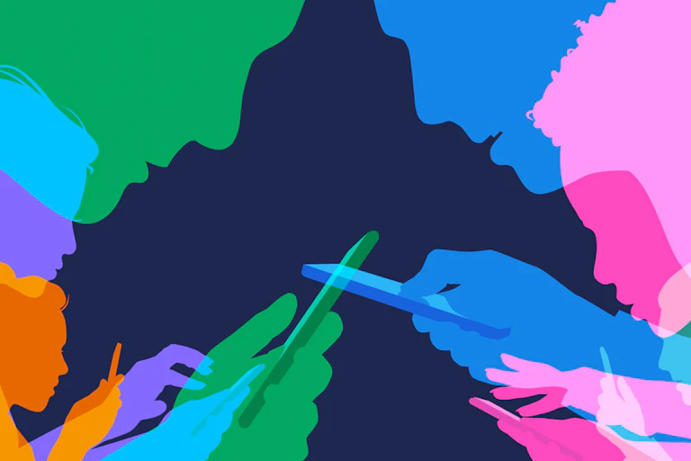 Ilustración que muestra perfiles de personas mirando un móvil.