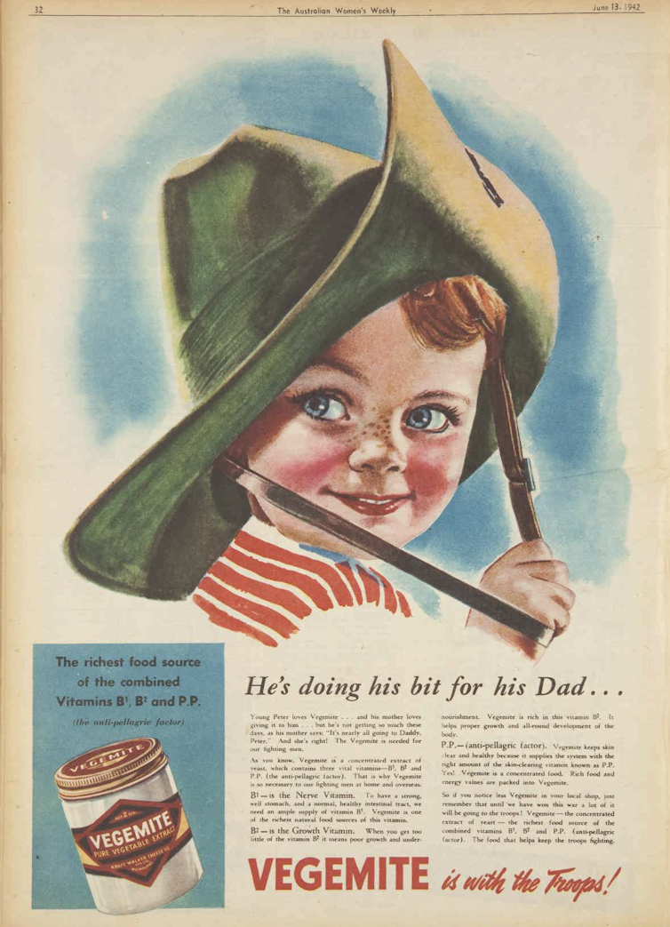 Drawing of a young boy in a slouch hat above an advertisement for Vegemite