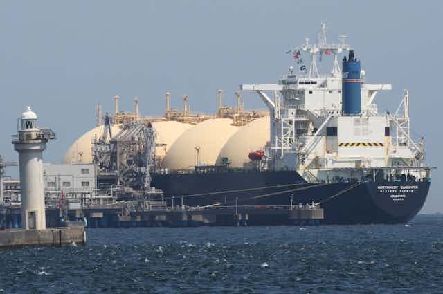 Australian LNG Tanker Northwest Sandpiper is at anchor in Yokohama port, near Tokyo.
