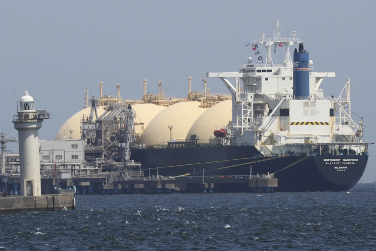 Australian LNG Tanker Northwest Sandpiper is at anchor in Yokohama port, near Tokyo.