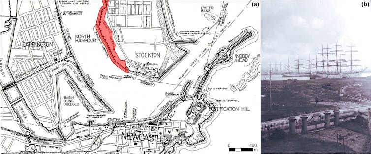 Map of harbour and inset photo of docked sailing ships