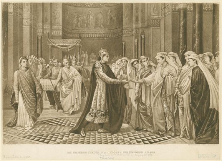 Ilustración de un hombre rodeado de mujeres tendiéndole la mano a una en concreto.