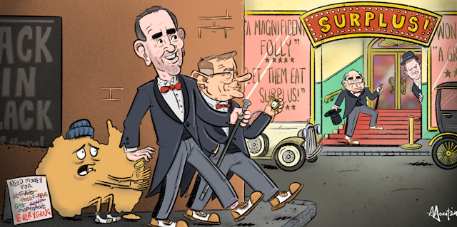 Cartoon of Jim Chalmers and Anthony Albanese walking towards a door marked "Surplus!"