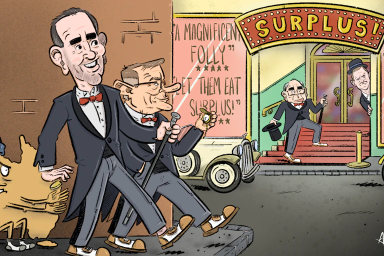 Cartoon of Jim Chalmers and Anthony Albanese walking towards a door marked "Surplus!"