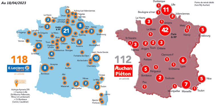 Localisations des drives piétons des enseignes Leclerc et Auchan
