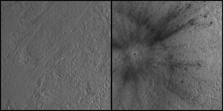 A before-and-after comparison of the location on Mars’s Amazonis Planitia where a meteoroid impacted on December 24, 2021.