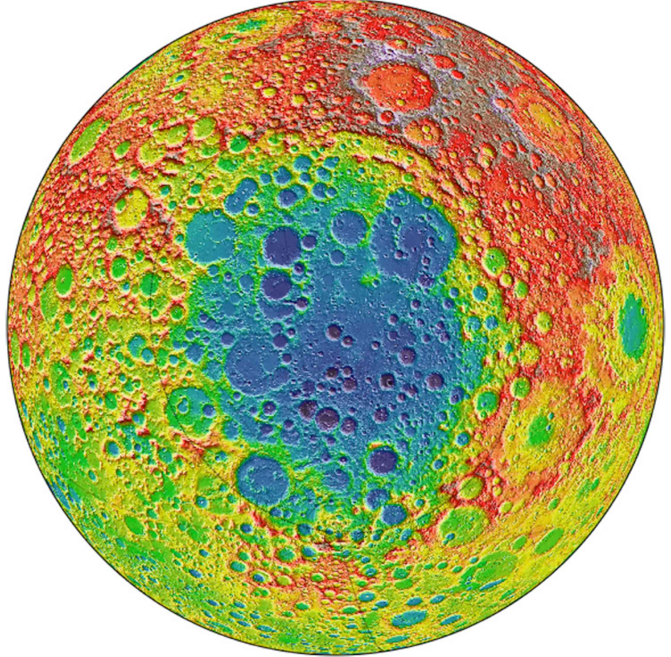 A rainbow coloured image of a textured circle with red around the edges and blue in the middle