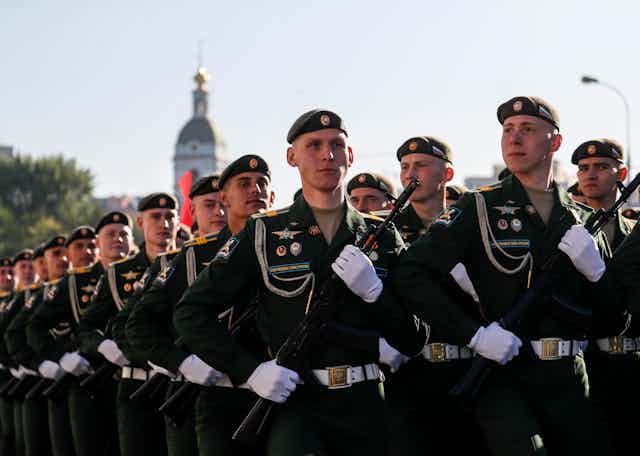 Russian soldiers parading on Victory Day 2023.