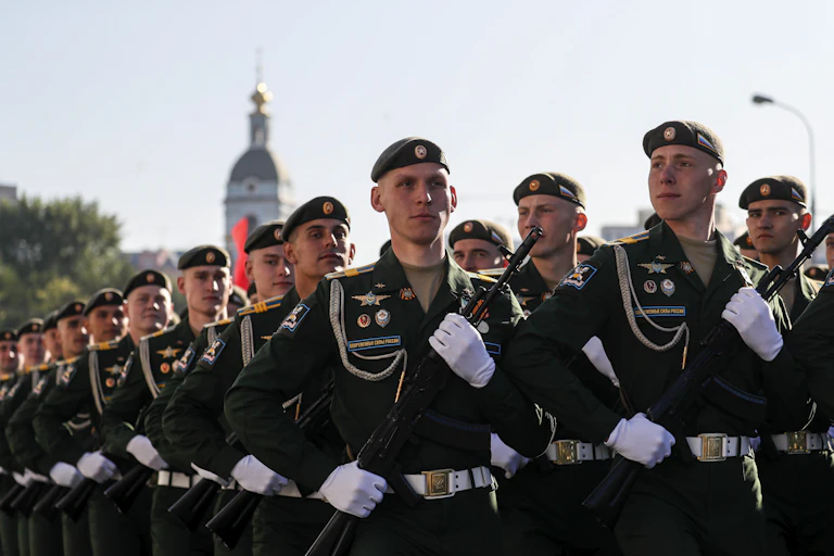Russian soldiers parading on Victory Day 2023.