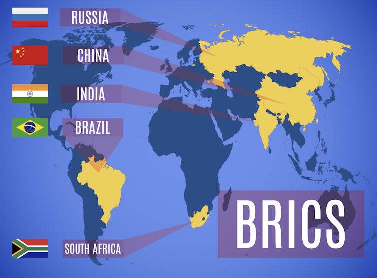 A map showing the Brics countries, Brazil, China, India, South Africa, Russia