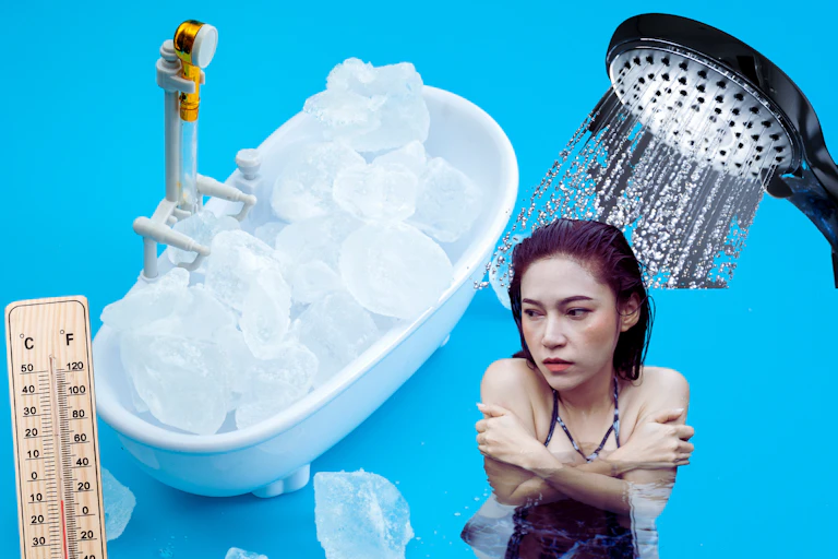 Cold water swimmer shivvering, cold shower, ice bath.