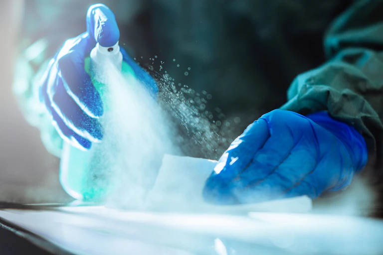 Close-up of gloved hands spraying disinfectant on a wipe and a surface